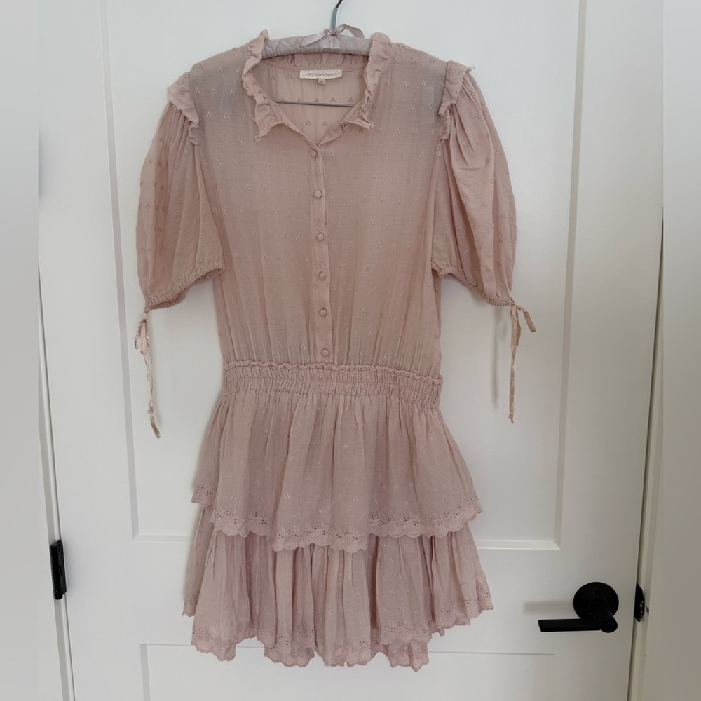 Love Shack Fancy Women’s Pink 100% Cotton Mini Tiered Short Sleeve Dress Sz M